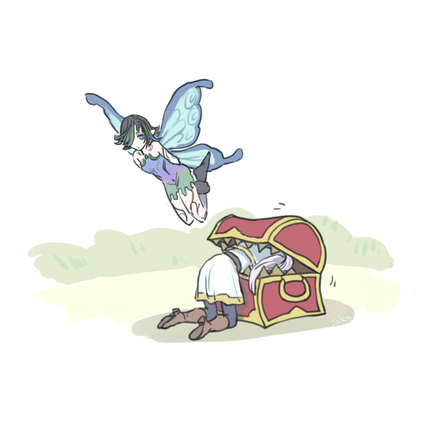 2girls, arms_behind_back, black_footwear, black_pants, blue_eyes, brown_footwear, dress, fairy