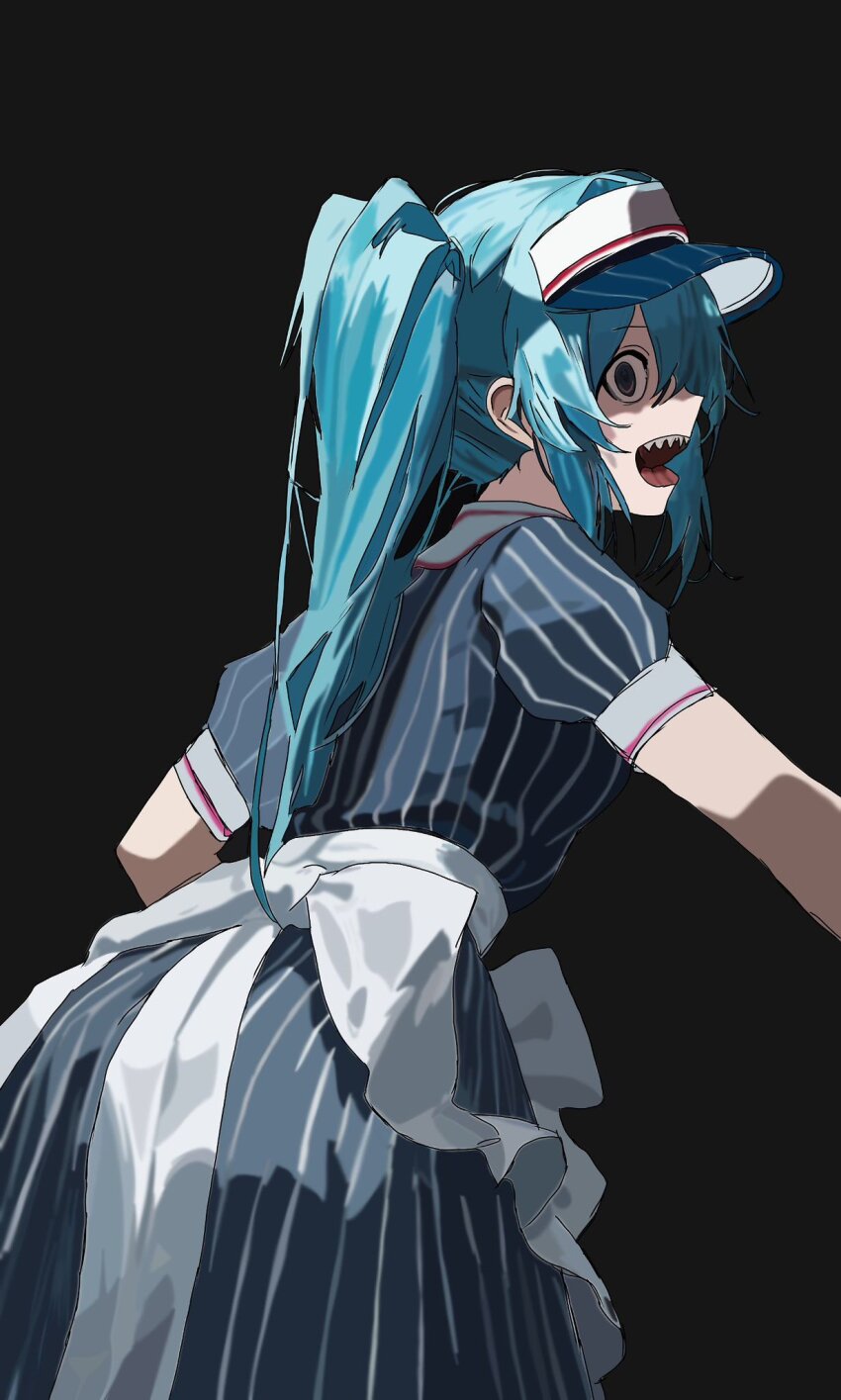 1girl, 218_(niiya), apron, black_background, black_eyes, blue_dress, blue_hair, dress