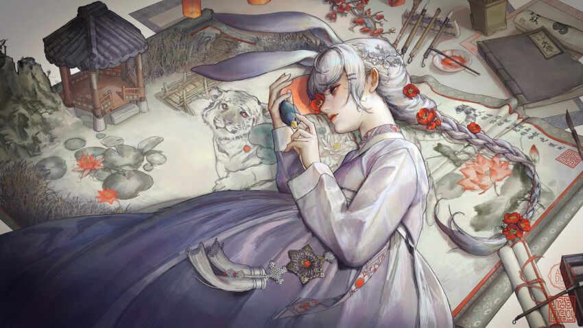 1girl, absurdres, and_dumb516, animal_ears, bird, book, braid, braided_ponytail, brush_rest, building, calligraphy_brush, chinese_zodiac, closed_mouth, commentary, cowboy_shot, dress, duck, english_commentary, flower, flower_braid, from_above, hair_ornament, hairclip, hanbok, hands_up, highres, holding, holding_toy, ink, ink_wash_painting, jewelry, korean_clothes, lantern, long_sleeves, lotus_leaf, lying, mountain, on_side, original, paintbrush, painting_(object), partially_colored, petals, plate, pond, purple_dress, rabbit_ears, red_flower, red_lips, sad, scroll, single_braid, solo, tassel, through_medium, through_painting, tiger, toy, white_flower, white_hair, white_tiger, year_of_the_tiger