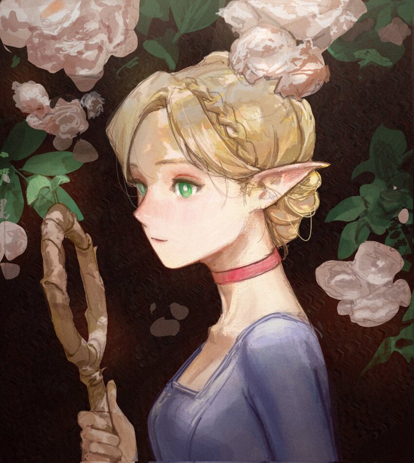 1girl, and_dumb516, blonde_hair, braid, breasts, brown_background, choker, corrupted_twitter_file, crown_braid, dappled_sunlight, dungeon_meshi, elf, flower, green_eyes, highres, holding, holding_staff, korean_commentary, long_hair, looking_ahead, marcille_donato, parted_bangs, pointy_ears, solo, sprout, staff, sunlight, updo, upper_body