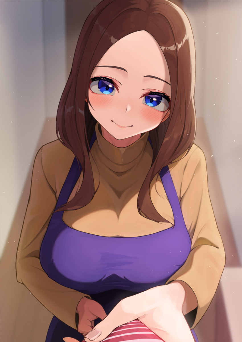 1girl, apron, blue_apron, blue_eyes, breasts, brown_hair, brown_sweater, facing_viewer