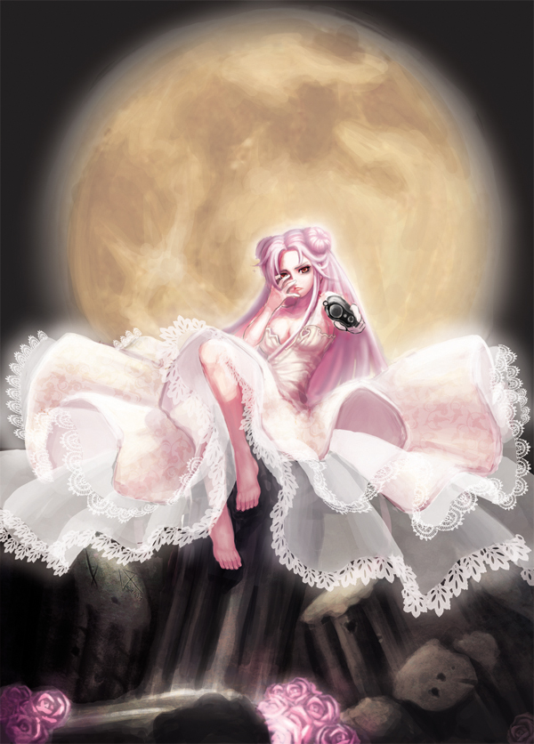 1girl, barefoot, breasts, cleavage, code_geass, double_bun, donut_hair_bun, dress