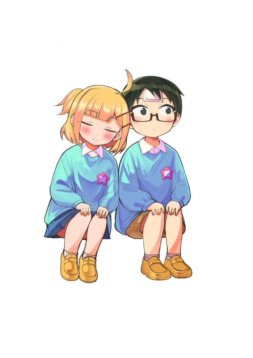 1boy, 1girl, absurdres, aged_down, ahoge, bandaid, bandaid_on_face, bandaid_on_forehead, black_hair, blonde_hair, blue_shirt, blue_skirt, blush, brown_shorts, child, closed_eyes, closed_mouth, commentary_request, dot_mouth, dot_nose, doujima-kun_wa_doujinai, doujima_(doujima-kun_wa_doujinai), full_body, glasses, hands_on_own_knees, hetero, highres, himewaka_(doujima-kun_wa_doujinai), invisible_chair, kindergarten_uniform, kodomo_doushi, leaning_on_person, loafers, long_sleeves, official_art, panyakawa, semi-rimless_eyewear, shirt, shoes, short_hair, shorts, sideways_glance, simple_background, sitting, skirt, smile, smock, under-rim_eyewear, white_background, yellow_shoes