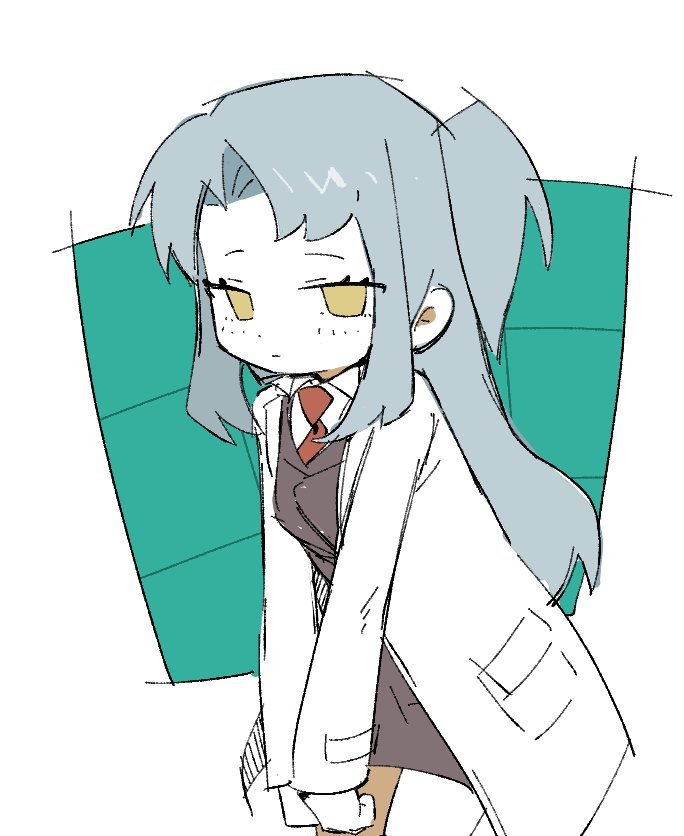 1girl, a800, angela_(project_moon), black_jacket, black_skirt, blue_hair, blush, closed_mouth, coat, collared_shirt, jacket, lab_coat, lobotomy_corporation, long_hair, looking_at_viewer, necktie, one_side_up, parted_bangs, pencil_skirt, project_moon, red_necktie, shirt, simple_background, skirt, solo, very_long_hair, white_background, white_coat, white_shirt, yellow_eyes