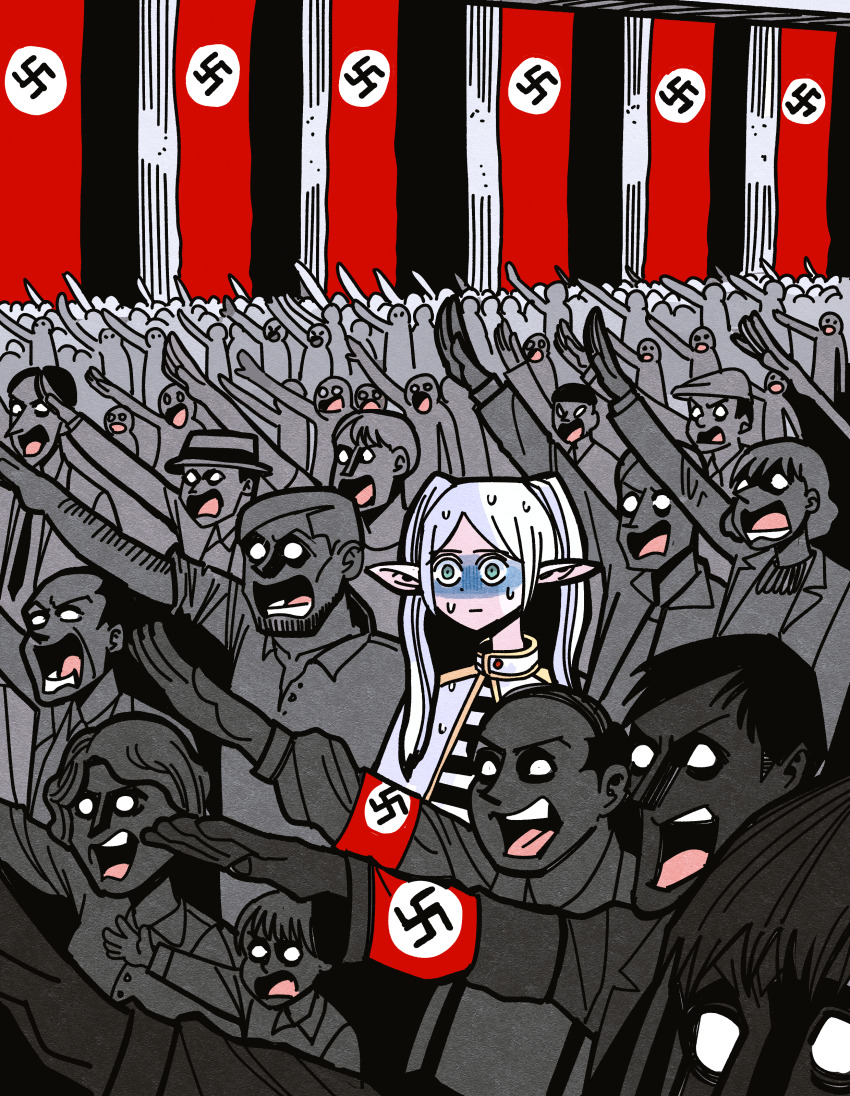 absurdres, capelet, crowd, elf, empty_eyes, frieren, green_eyes, hansoom_(latebirdwakeup), highres, historical_event, long_hair, nazi, nazi_flag, open_mouth, pointy_ears, salute, shaded_face, solo_focus, sousou_no_frieren, straight-arm_salute, swastika, sweat, sweatdrop, twintails, white_hair