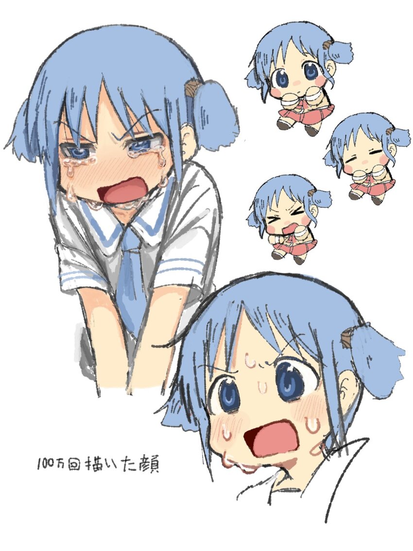 >_<, 1girl, blue_eyes, blue_hair, blue_necktie, chibi, crying, crying_with_eyes_open