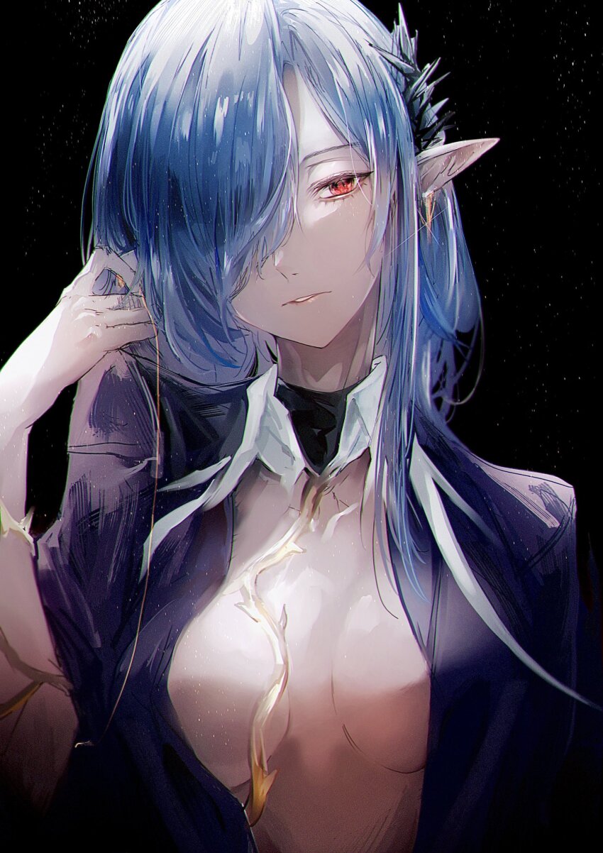 1girl, arknights, armlet, asymmetrical_bangs, black_background, blue_hair, blurry, blurry_background