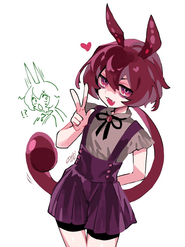 !?, 2girls, ankomon, arm_behind_back, buttons, cowboy_shot, doodle_inset, fangs