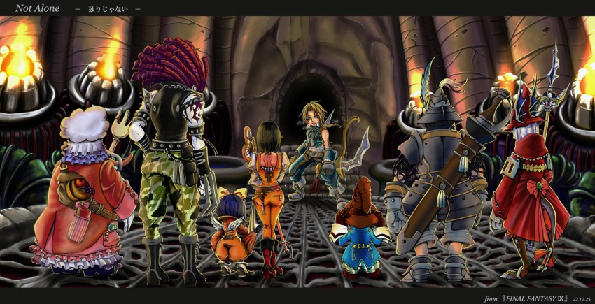 00s, 3girls, 4boys, adelbert_steiner, armor, ass, bag, belt, black_hair, black_mage_(final_fantasy), blonde_hair, blue_hair, boots, bottle, bow, bowtie, candy, catsuit, child, coat, colored_skin, dagger, dreadlocks, eiko_carol, everyone, feathers, final_fantasy, final_fantasy_ix, fire, food, freya_crescent, fruit, garnet_til_alexandros_xvii, gloves, hat, helmet, highres, hino_makoto, knife, long_hair, mouse_tail, multiple_boys, multiple_girls, pants, polearm, ponytail, quina_quen, red_hair, red_ribbon, ribbon, amarant_coral, sheath, short_hair, spear, staff, sword, tail, tattoo, trench_coat, vivi, vivi_ornitier, weapon, white_hair, white_skin, wings, witch_hat, zidane_tribal