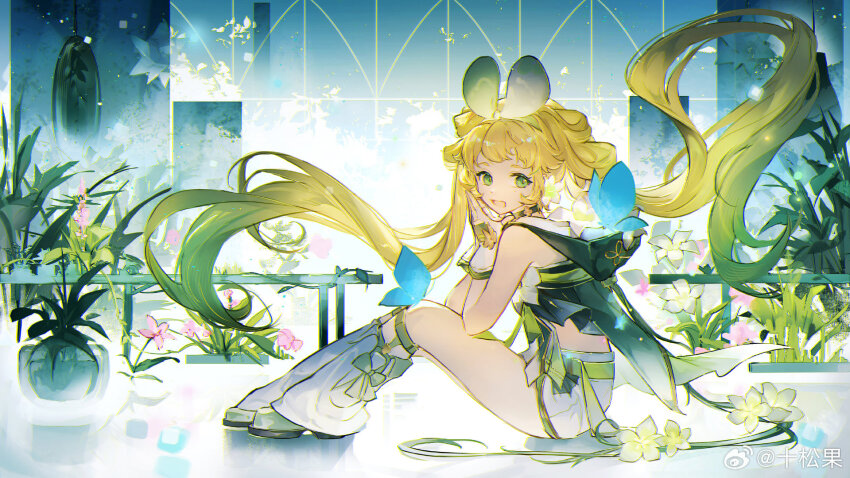 1girl, :d, blonde_hair, blue_butterfly, bow, bug, butterfly, chinese_clothes, chinese_commentary, choker, commentary_request, earrings, eyelashes, fingerless_gloves, floating_hair, flower, flower_earrings, gloves, gradient_clothes, gradient_hair, grass, green_bow, green_choker, green_eyes, green_hair, green_hairband, green_ribbon, green_shoes, hair_ribbon, hairband, hands_up, hanfu, highres, indoors, insect, jewelry, knees_up, leg_warmers, long_hair, looking_at_viewer, looking_to_the_side, multicolored_hair, on_floor, open_mouth, pink_flower, plant, qixiong_ruqun, railing, ribbon, shoes, short_shorts, shorts, sidelocks, sitting, smile, solo, twintails, vase, verina_(wuthering_waves), very_long_hair, vines, watermark, weibo_watermark, white_flower, white_gloves, white_hairband, white_leg_warmers, white_ribbon, white_shorts, wuthering_waves, zeriko