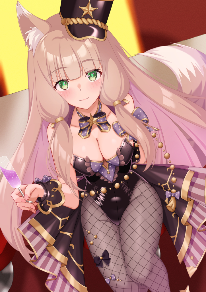 1girl, animal_ear_fluff, animal_ears, bare_shoulders, black_bow, black_hat, black_leotard, bow