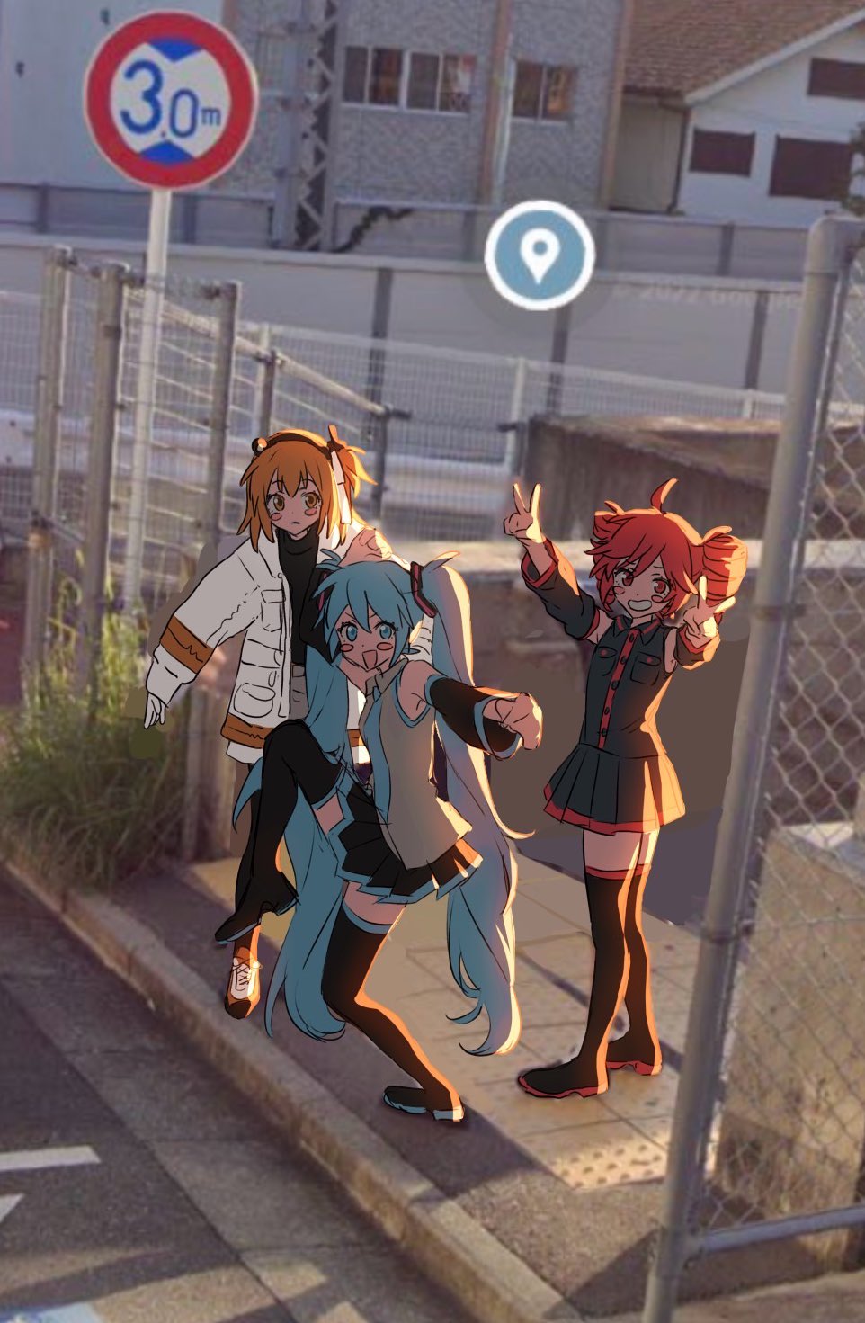 3girls, a.i._voice, adachi_rei, ahoge, arm_up, black_footwear, black_shirt, black_skirt, black_sleeves, blue_eyes, blue_hair, blue_necktie, blush_stickers, boots, chain-link_fence, closed_mouth, day, detached_sleeves, double_v, drill_hair, fence, gloves, grey_shirt, grey_skirt, grey_sleeves, grin, hair_ornament, hands_up, hatsune_miku, high_school_girls_posing_for_google_street_view_(meme), highres, itomaki_(itoma_11010), jacket, kasane_teto, kasane_teto_(utau), leg_up, long_hair, long_sleeves, looking_at_viewer, medium_hair, meme, miniskirt, multiple_girls, necktie, one_side_up, open_clothes, open_jacket, open_mouth, orange_eyes, orange_hair, outdoors, photo_background, pleated_skirt, red_eyes, red_hair, shirt, shoes, skirt, sleeveless, sleeveless_shirt, smile, standing, standing_on_one_leg, thigh_boots, thighhighs, twin_drills, twintails, utau, v, very_long_hair, vocaloid, white_gloves, white_jacket, zettai_ryouiki