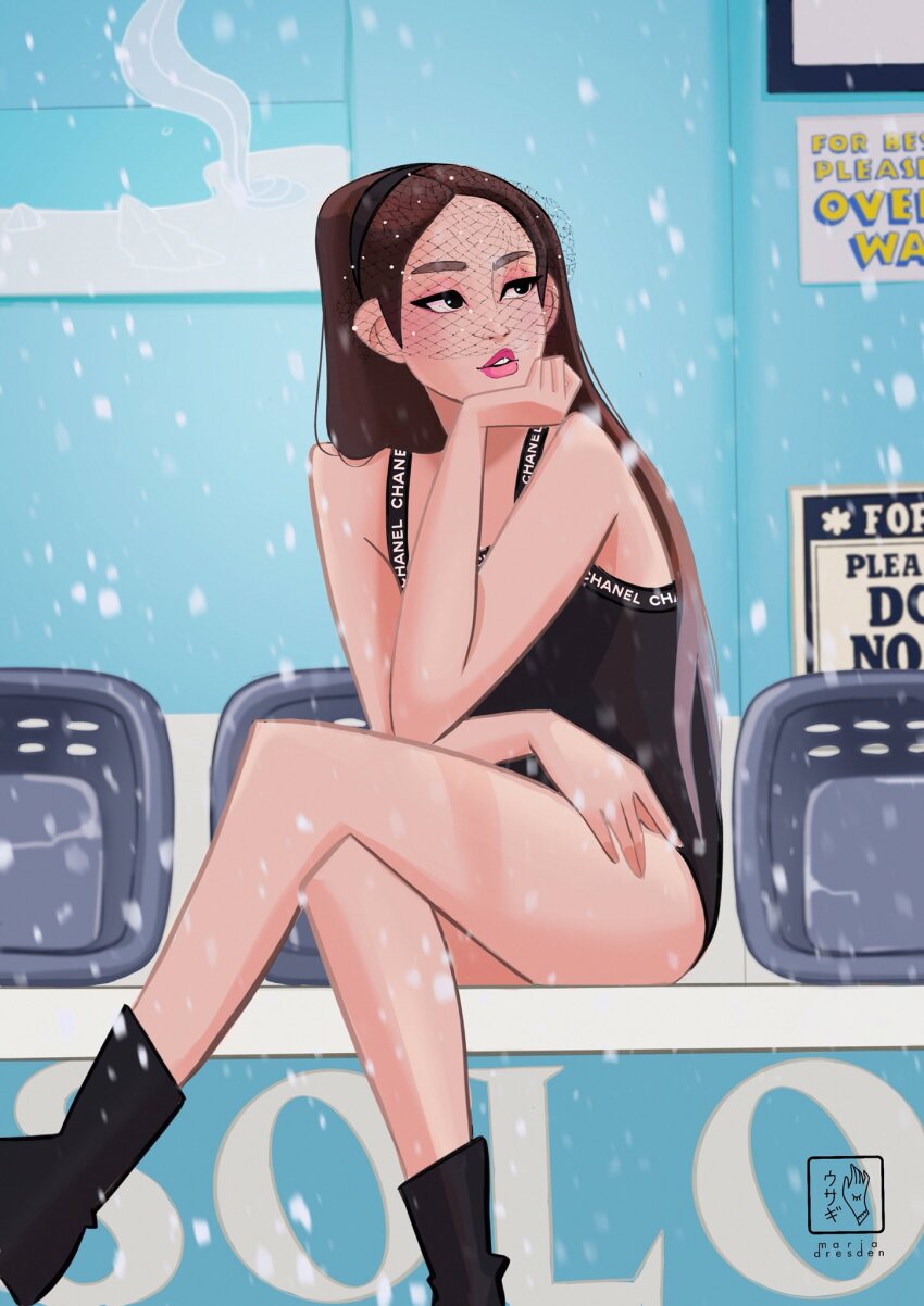 1girl, animification, black_eyes, black_headband, blackpink, boots, brown_hair, chanel, commentary, crossed_legs, english_commentary, fishnet_fabric, headband, highres, jennie_(blackpink), k-pop, laundry_basket, leotard, long_hair, looking_to_the_side, makeup, mascara, miadresden, pink_lips, sitting, solo, watermark