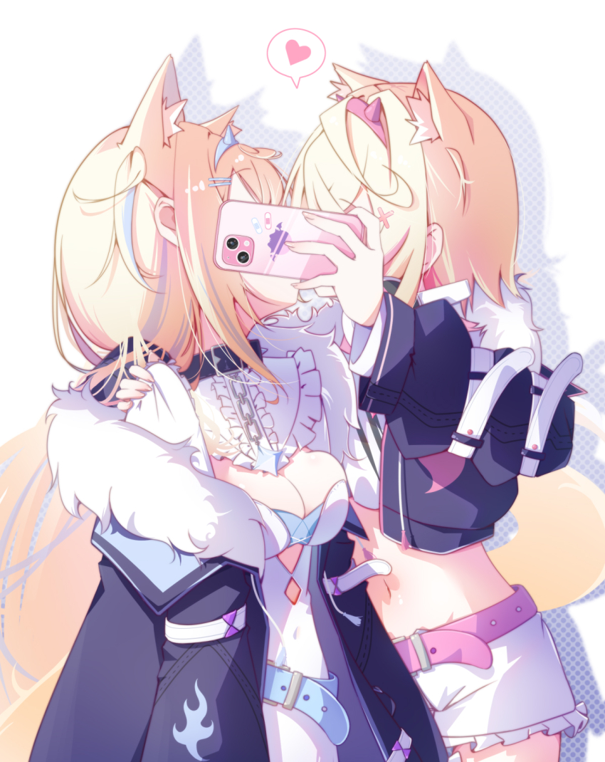 2girls, animal_ear_fluff, animal_ears, arm_around_shoulder, black_collar, black_jacket, blonde_hair, blue_hair, breasts, capuchi_(111cappuccino), cellphone, cleavage, collar, commentary_request, dog_ears, extra_ears, fur-trimmed_jacket, fur_trim, fuwawa_abyssgard, fuwawa_abyssgard_(1st_costume), heart, highres, holding, holding_phone, hololive, hololive_english, implied_incest, implied_kiss, jacket, long_sleeves, medium_breasts, mococo_abyssgard, mococo_abyssgard_(1st_costume), multicolored_hair, multiple_girls, navel, phone, pink_hair, siblings, sisters, smartphone, spoken_heart, streaked_hair, twins, upper_body, virtual_youtuber, yuri