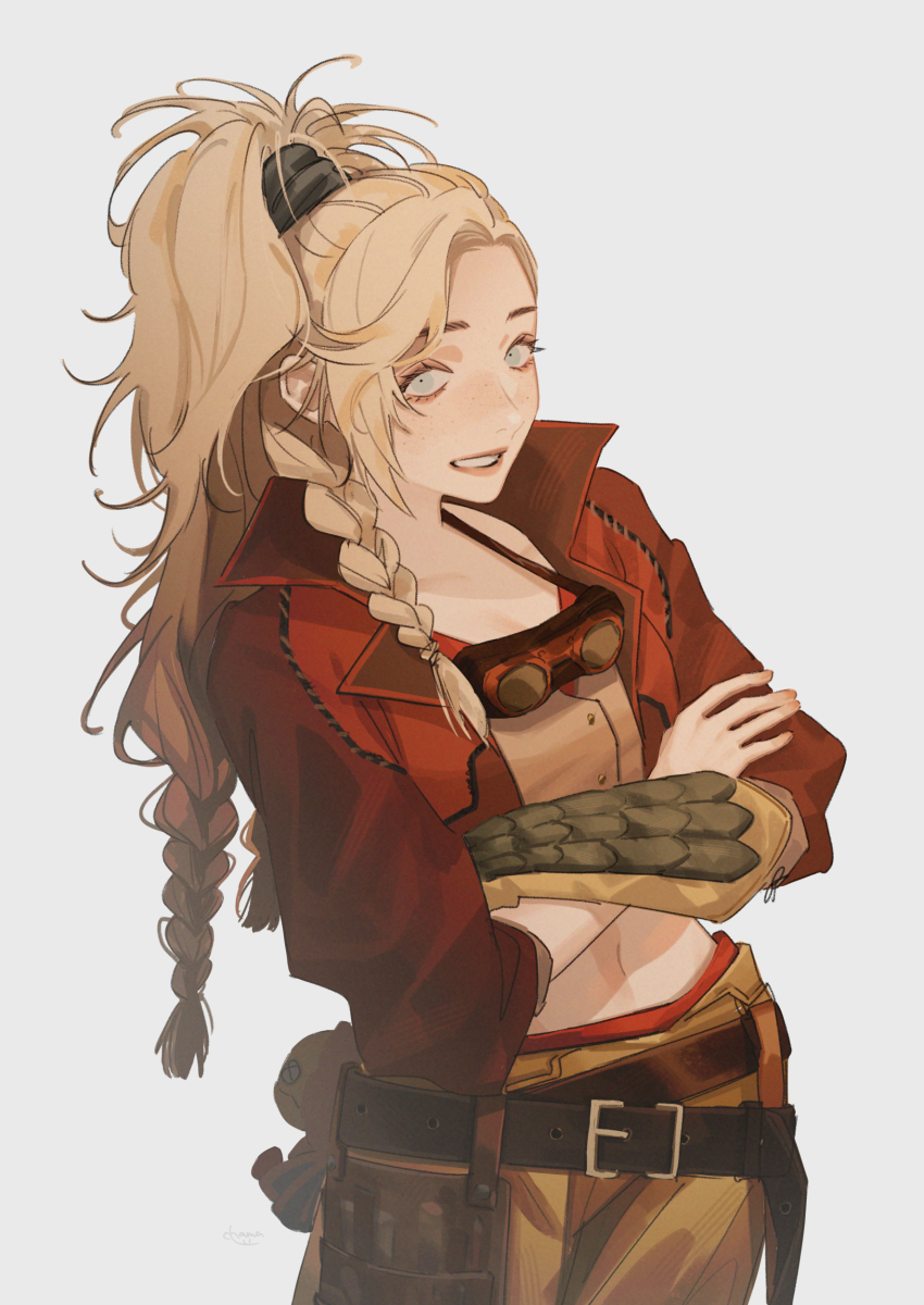 1girl, absurdres, asymmetrical_hair, belt, belt_pouch, black_scrunchie, blonde_hair, blue_eyes