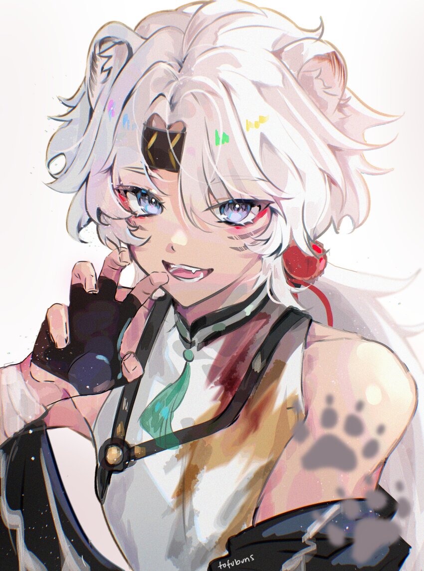 1boy, absurdres, animal_ears, bare_shoulders, bishounen, black_gloves, blue_eyes, claw_pose