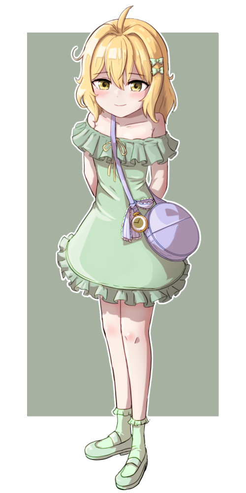 1girl, arms_behind_back, bag, blonde_hair, bow, counter:side, dress, full_body