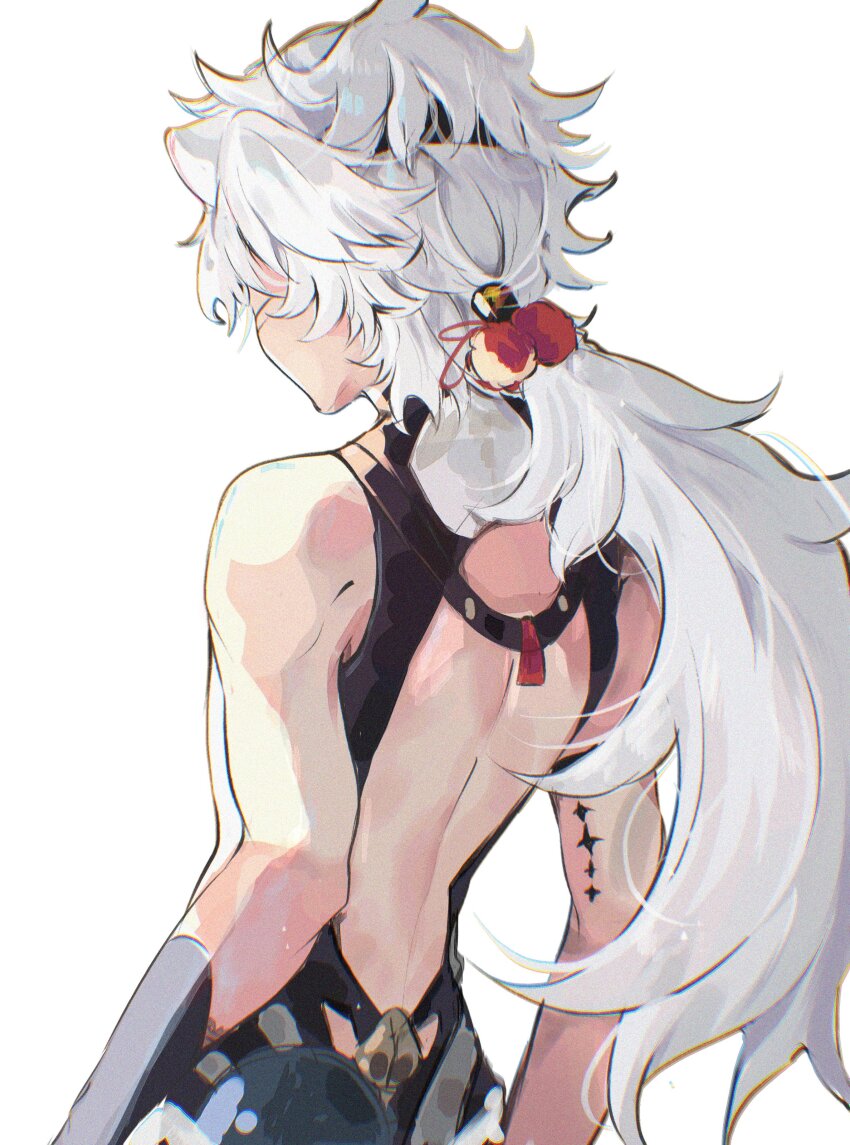 1boy, absurdres, animal_ears, arms_at_sides, back, back_focus, bare_shoulders, black_headband, cowboy_shot, from_behind, grey_hair, hair_ornament, harness, headband, highres, lingyang_(wuthering_waves), long_hair, low_ponytail, male_focus, messy_hair, pom_pom_(clothes), pom_pom_hair_ornament, ponytail, simple_background, solo, tacet_mark_(wuthering_waves), tofuubuns, very_long_hair, white_background, wuthering_waves