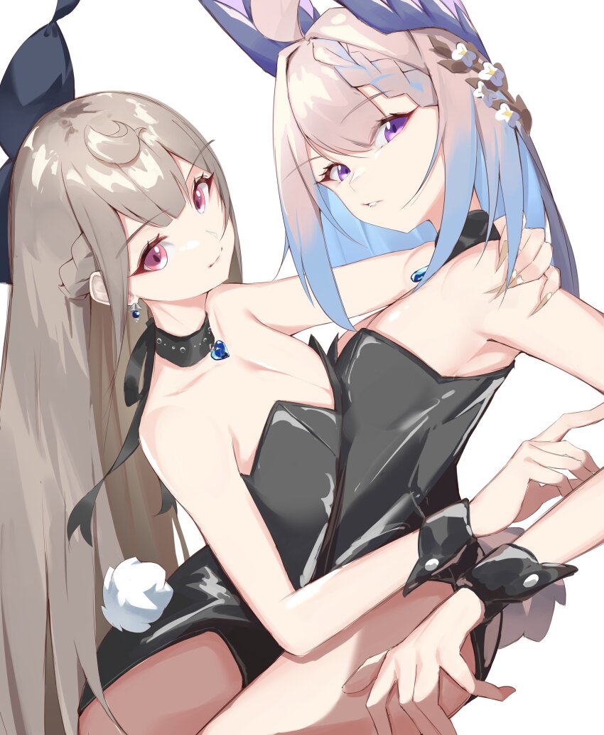 2girls, absurdres, ahoge, blonde_hair, braid, breasts, brown_hair, cleavage