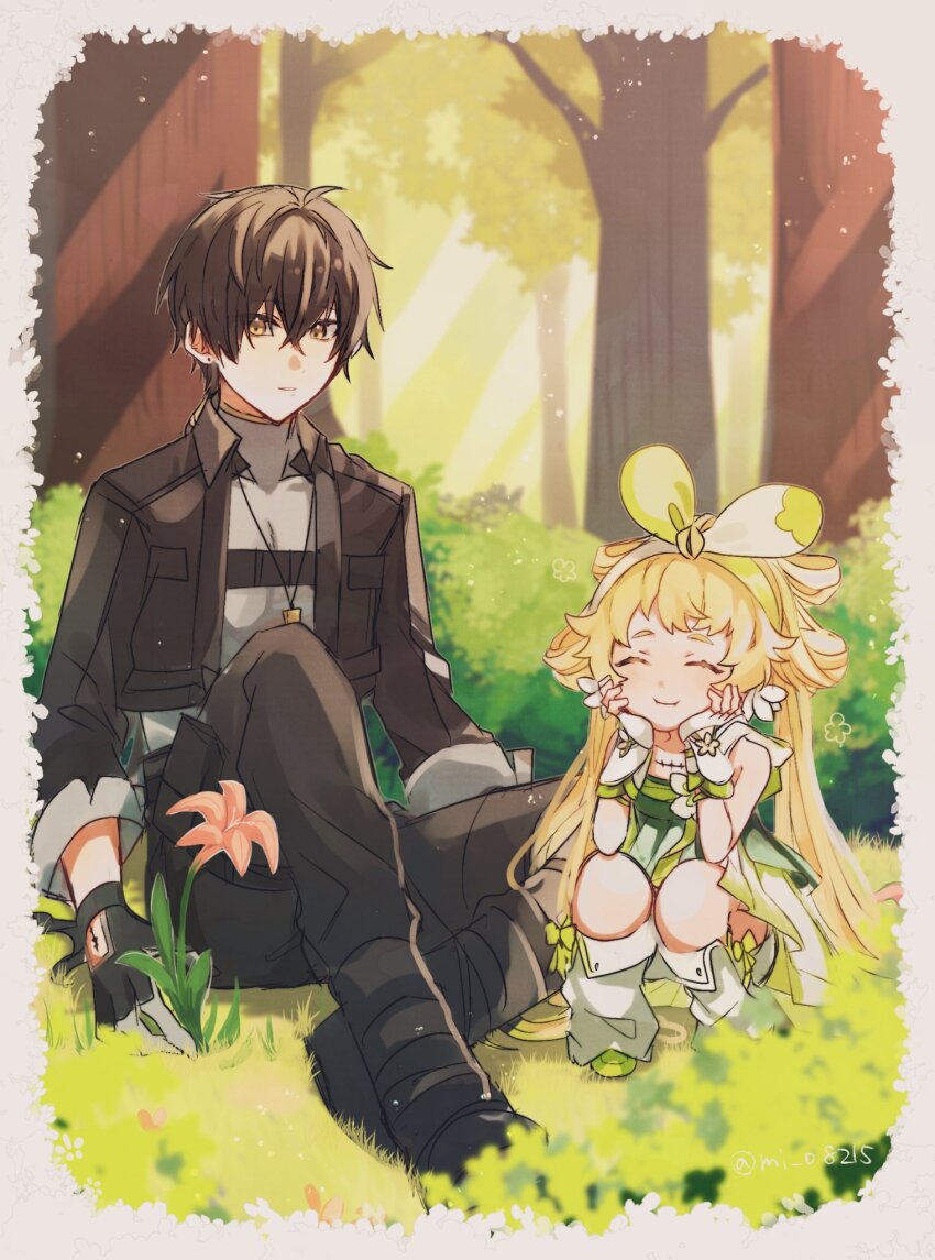 1boy, 1girl, :i, ^_^, ahoge, artist_name, bare_shoulders, black_footwear