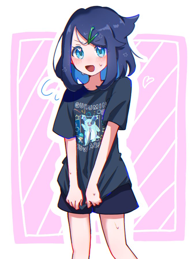 1girl, black_hair, black_shirt, black_shorts, blue_eyes, blush, hair_ornament, hairclip
