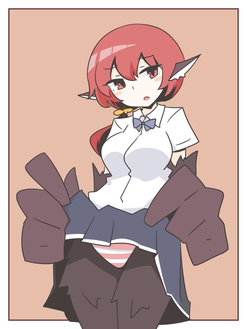 1girl, animal_ears, big_o_pants, bird_ears, bird_legs, black_feathers, black_skirt, black_wings