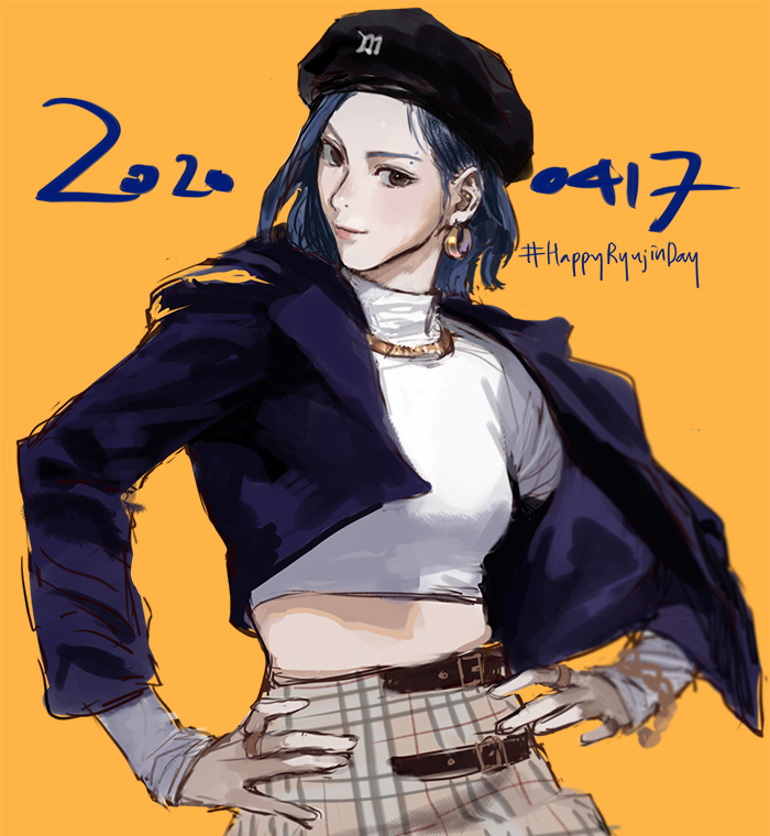 black_coat, blue_hair, brown_eyes, coat, earrings, hat, itzy, jewelry