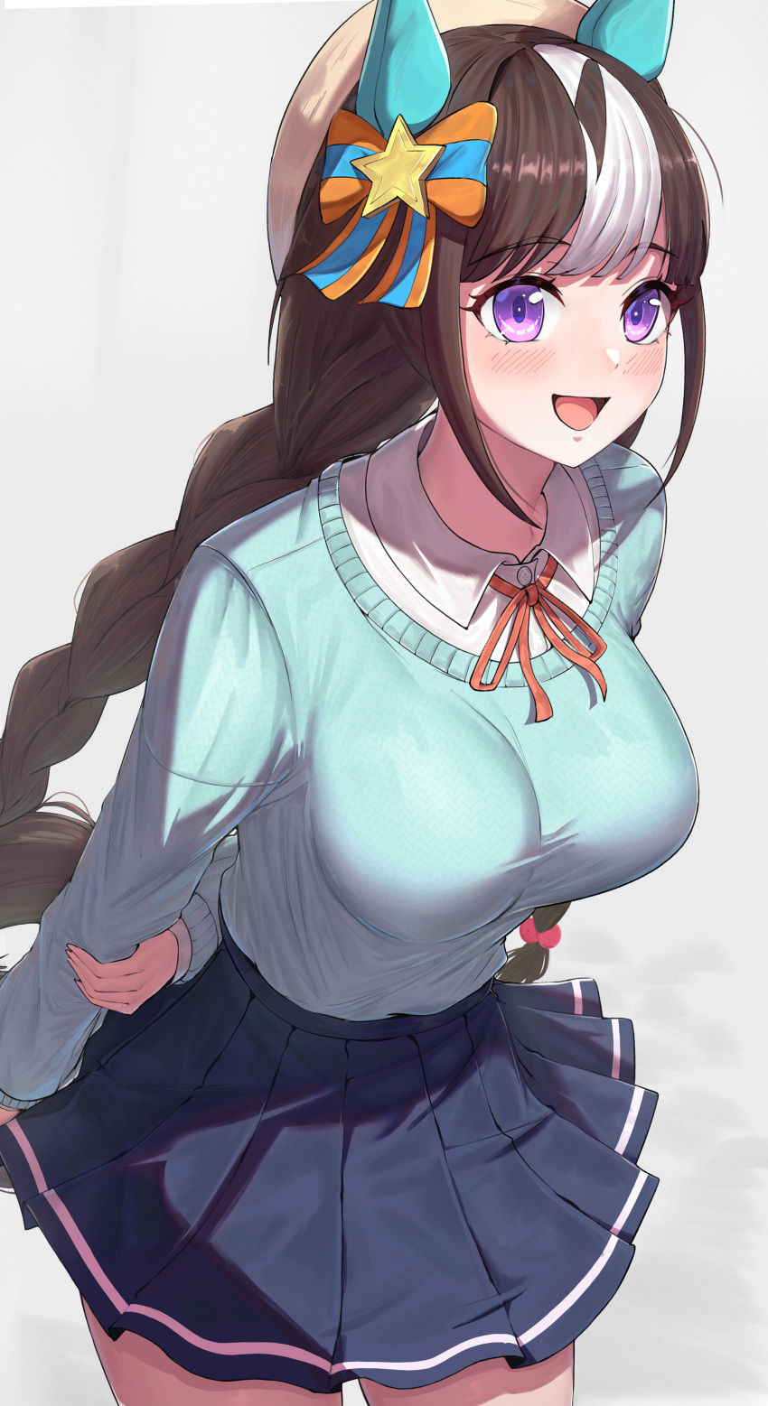 1girl, :d, absurdres, animal_ears, arm_behind_back, blue_skirt, blue_sweater, bow