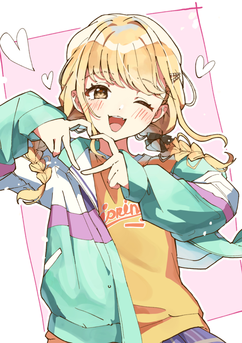 1girl, four-finger_heart_hands, ;d, ankaketomato, blonde_hair, blue_skirt, blush, braid