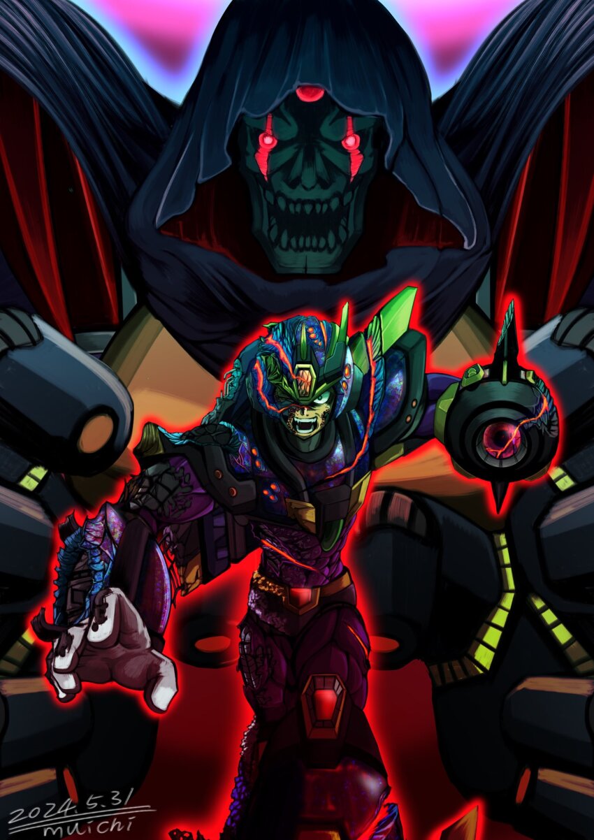 agetatekoron2, arm_cannon, armor, artist_name, battle_damage, black_cloak, blue_armor, blue_helmet