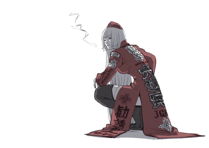 1girl, adapted_costume, arm_on_knee, blunt_bangs, boots, breasts, character_name, cigarette