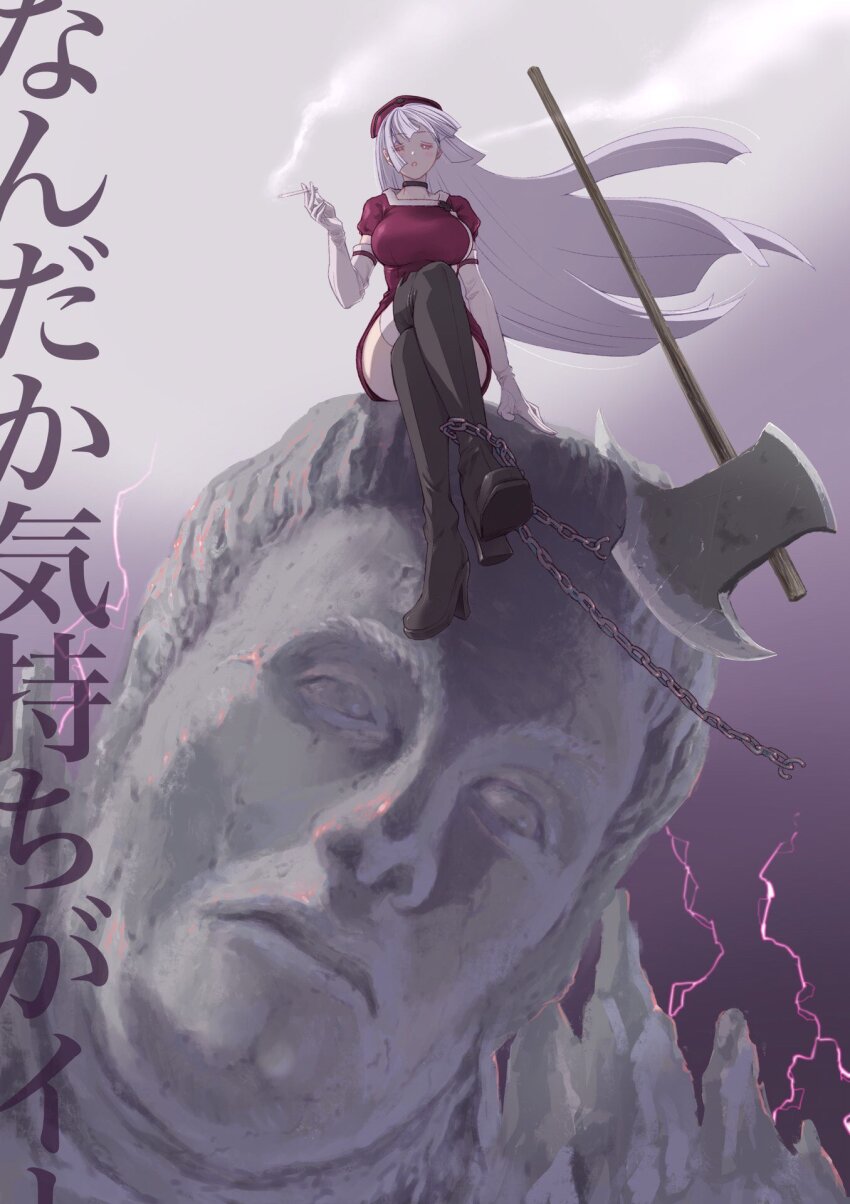 1girl, axe, battle_axe, black_boots, black_choker, blush, boots, breasts