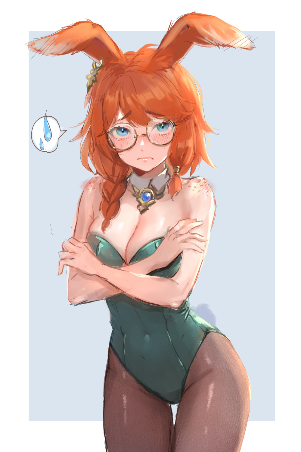 1girl, alternate_costume, animal_ears, aurora_(league_of_legends), bare_arms, bare_shoulders, black_pantyhose, blue_eyes, blush, breasts, cleavage, closed_mouth, covered_navel, cowboy_shot, crossed_arms, detached_collar, earrings, freckles, furrowed_brow, glasses, green_leotard, hair_between_eyes, highres, jewelry, league_of_legends, leotard, looking_at_viewer, nyaamen_fork, orange_hair, pantyhose, rabbit_ears, rabbit_girl, rabbit_tail, round_eyewear, sidelocks, simple_background, solo, speech_bubble, sweatdrop, tail, teardrop, thighs