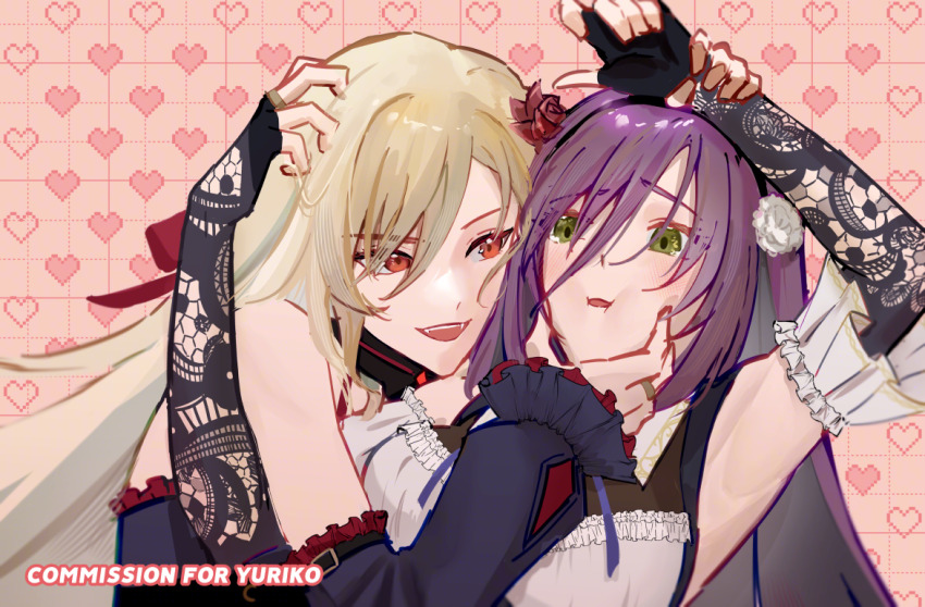 2girls, :i, armpits, arms_up, assault_lily, bare_shoulders, black_collar, black_gloves, black_hairband, black_shirt, blonde_hair, blush, breasts, cheek_squash, collar, commentary, commission, commissioner_name, detached_sleeves, english_text, fangs, fingerless_gloves, flower, frilled_shirt, frilled_sleeves, frills, gloves, green_eyes, hair_between_eyes, hair_flower, hair_ornament, hairband, hand_on_another's_chin, hand_on_another's_head, heads_together, heart, heart_background, holding_another's_wrist, jewelry, juno_(junisgud), lace, lace_sleeves, long_bangs, long_hair, long_sleeves, looking_at_another, maki_wakana, medium_breasts, multiple_girls, neck_ribbon, okada_kisara, parted_lips, pink_background, pixelated, purple_hair, purple_ribbon, raised_eyebrows, red_eyes, red_flower, red_ribbon, red_rose, ribbon, ring, rose, shirt, sleeveless, sleeveless_shirt, smile, teeth, upper_body, upper_teeth_only, white_flower, white_rose, white_shirt, yuri