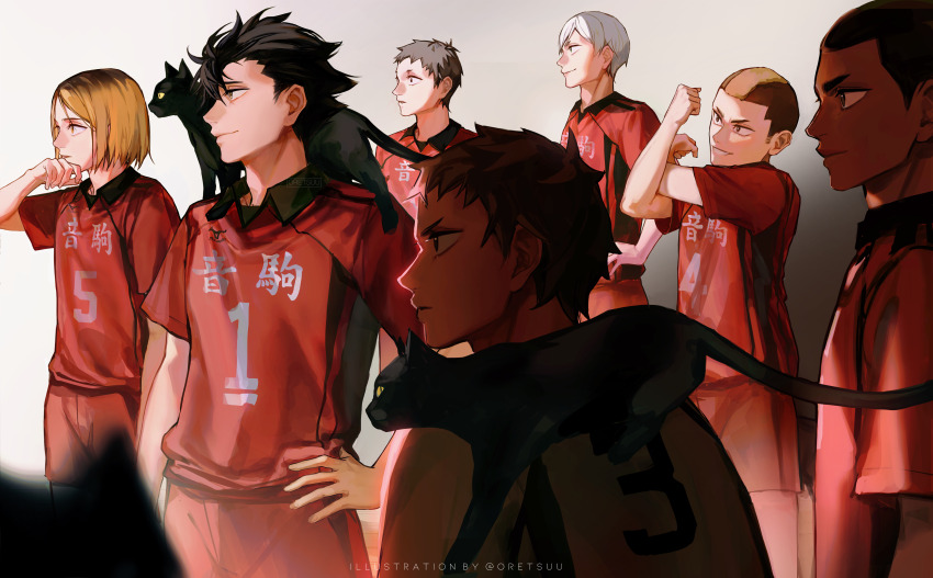 6+boys, absurdres, animal, animal_on_shoulder, black_cat, black_hair, blonde_hair, buzz_cut