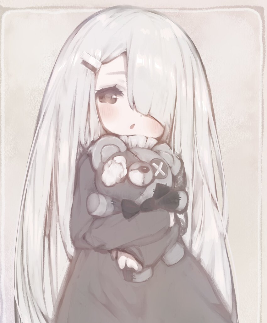 1girl, black_capelet, black_dress, blue_eyes, button_eyes, buttons, capelet, dress, hair_ornament, hair_over_one_eye, hairpin, haizumi_(noworld), highres, indie_virtual_youtuber, long_hair, long_sleeves, looking_at_viewer, noir_(noworld), noworld, one_eye_covered, piano_keys, rucha_(dokkanhanabi), stuffed_animal, stuffed_toy, teddy_bear, tissue, upper_body, virtual_youtuber, white_background, white_hair