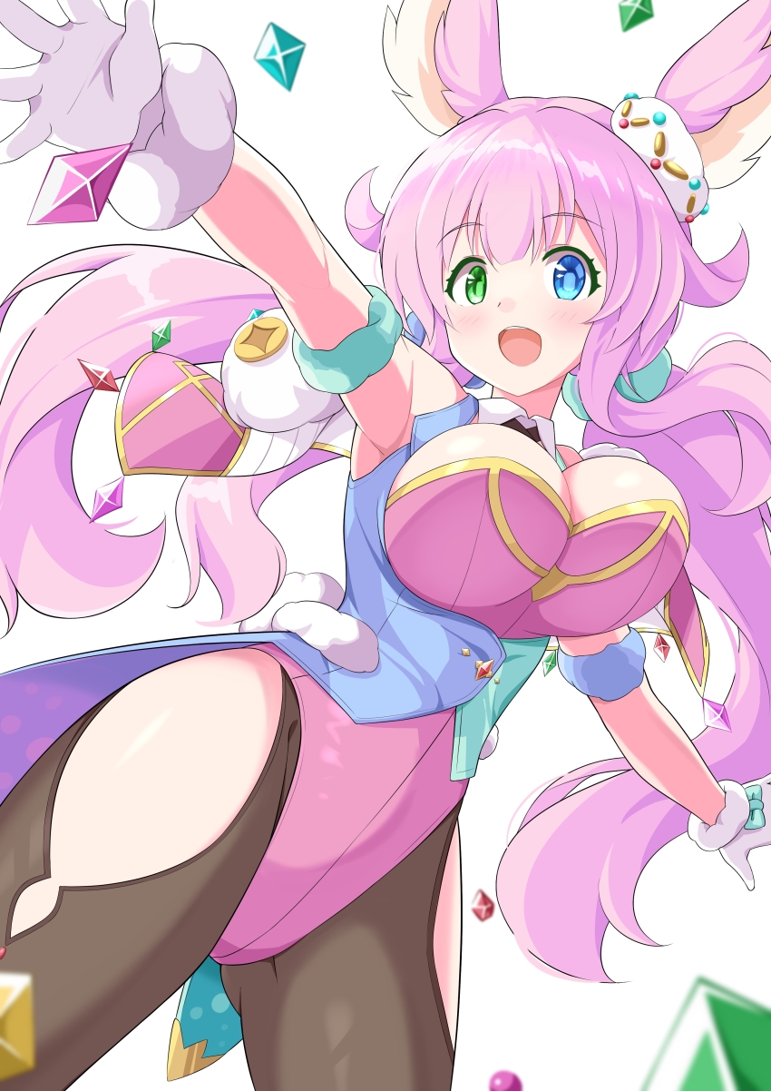 1girl, :d, absurdres, animal_ears, aqua_scrunchie, aqua_vest, arm_scrunchie, armpits, black_pantyhose, blue_eyes, blue_scrunchie, blue_vest, breasts, cleavage, clothing_cutout, collar, commentary, cowboy_shot, detached_collar, fur-trimmed_gloves, fur_trim, gloves, gluteal_fold, green_eyes, hair_flaps, heterochromia, highleg, highleg_leotard, highres, kururu_(princess_connect!), large_breasts, leg_cutout, leotard, long_hair, looking_at_viewer, low_twintails, maruta_(denmasked), open_mouth, outstretched_arms, pantyhose, pink_hair, pink_leotard, princess_connect!, scrunchie, simple_background, smile, solo, spread_arms, teeth, twintails, two-tone_vest, underbust, upper_teeth_only, very_long_hair, vest, white_background, white_collar, white_gloves