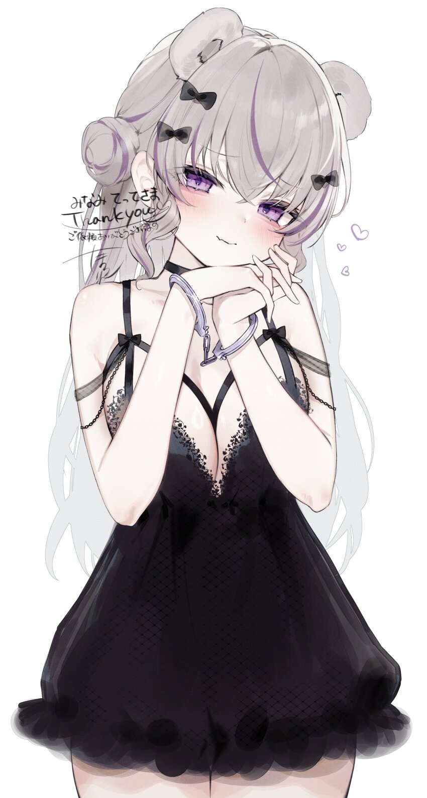 1girl, :3, absurdres, animal_ears, bare_shoulders, bear_ears, black_bow, black_dress, blush, bow, breasts, choker, cleavage, closed_mouth, cowboy_shot, cuffs, double_bun, dress, grey_hair, hair_bow, hair_bun, handcuffs, heart, highres, indie_virtual_youtuber, large_breasts, lingerie, long_hair, looking_at_viewer, minami_tette, multicolored_hair, negligee, own_hands_together, purple_eyes, purple_hair, signature, simple_background, solo, streaked_hair, tamafurin, underwear, white_background