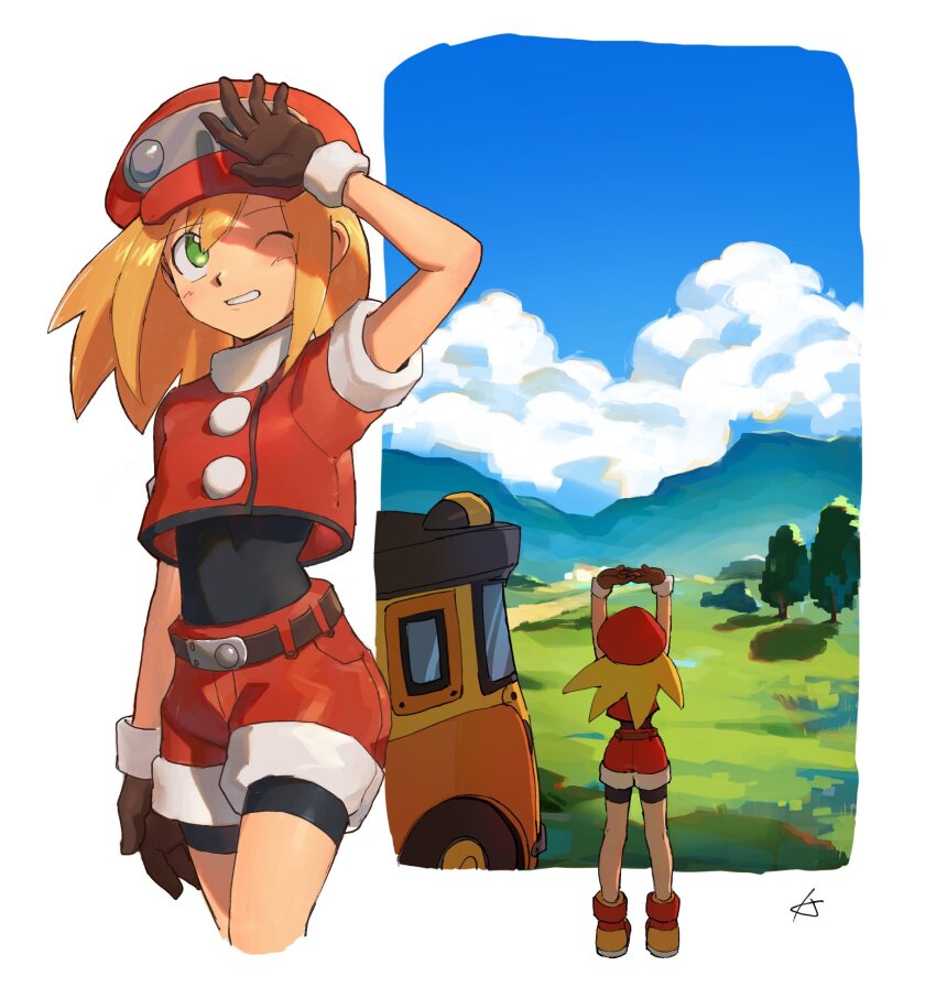 1girl, black_bodysuit, blonde_hair, bodysuit, brown_gloves, newsboy_cap, cloud, cowboy_shot