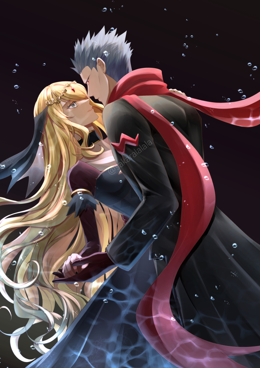 1boy, 1girl, black_coat, black_dress, blonde_hair, breasts, coat, cynthia_(pokemon)