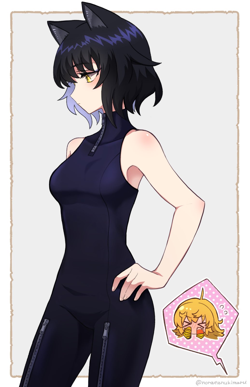 >_<, 2girls, ahoge, animal_ears, armpits, bare_shoulders, black_hair, blake_belladonna, blush, breasts, cat_ears, cat_girl, catsuit, chibi, closed_eyes, hand_on_own_hip, highres, leather_suit, multiple_girls, noratanukimaru, profile, rwby, short_hair, simple_background, sleeveless, speech_bubble, standing, white_background, yang_xiao_long, yellow_eyes, yuri, zipper, zipper_pull_tab