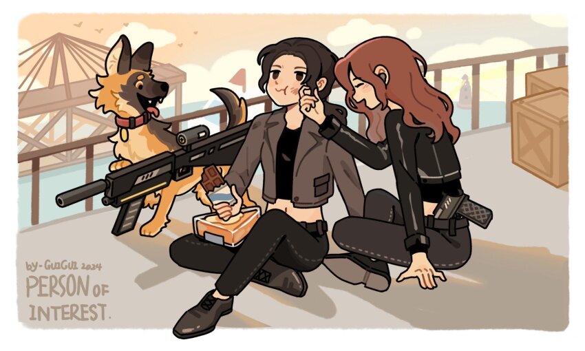 2girls, :t, animification, artist_name, belt, bird, black_belt, black_bird