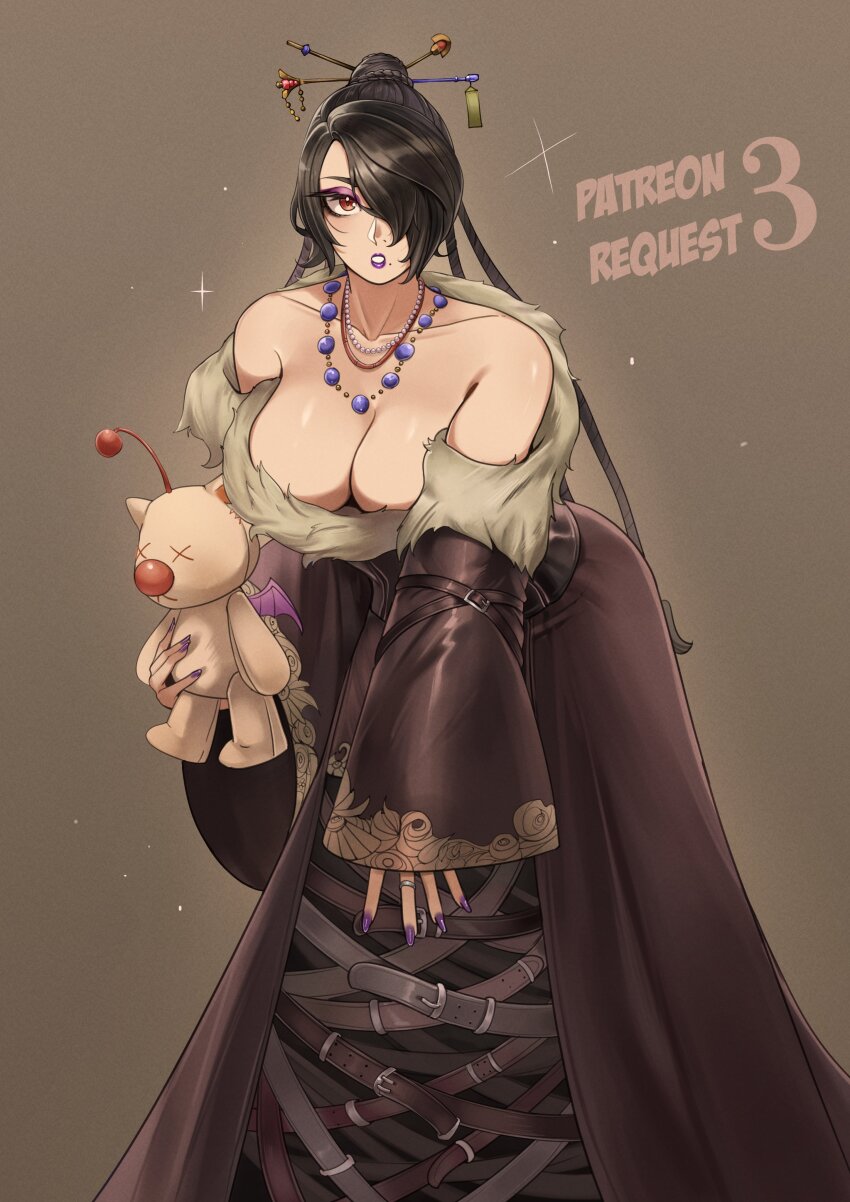 1girl, absurdres, bare_shoulders, belt, belt_skirt, braid, breasts, brown_eyes, character_doll, cleavage, collarbone, deliciousbrain, doll, dress, eyeshadow, final_fantasy, final_fantasy_x, fur-trimmed_dress, fur_trim, hair_ornament, hair_over_one_eye, hair_stick, highres, jewelry, large_breasts, leaning_forward, lipstick, lulu_(ff10), makeup, mole, mole_under_mouth, moogle, multiple_braids, multiple_necklaces, necklace, purple_lips, purple_nails, solo, square_soft, strapless, strapless_dress, stuffed_toy
