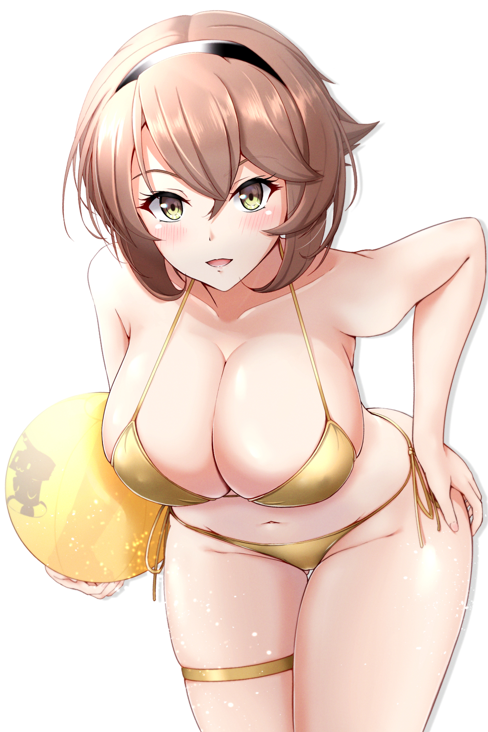 1girl, ball, beachball, bikini, breasts, brown_hair, collarbone, flipped_hair