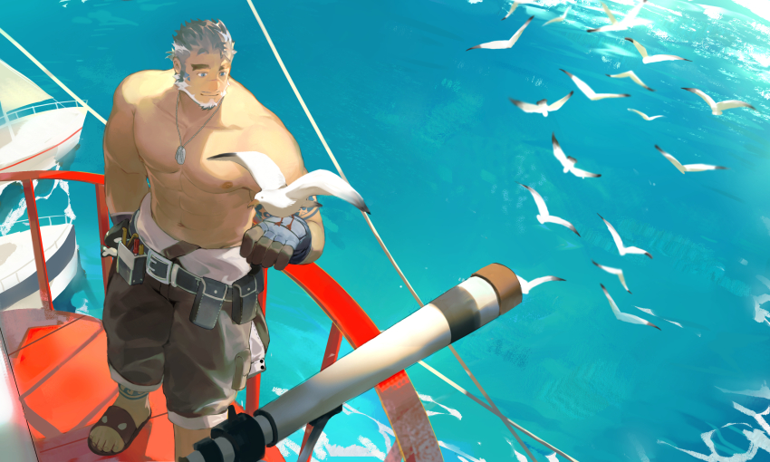 1boy, abs, bara, beard, belt, bird, blue_eyes, closed_mouth