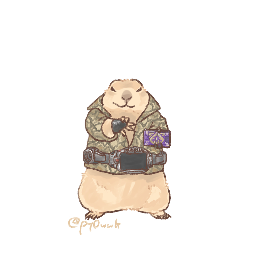 advent_deck, asakura_takeshi, asakura_takeshi_(cosplay), belt, black_gloves, body_fur, brown_fur, brown_shirt, cosplay, full_body, gloves, henshin_pose, kamen_rider, kamen_rider_ouja, kamen_rider_ryuki_(series), no_humans, prairie_dog, py0wwk, rider_belt, shirt, simple_background, solo, white_background