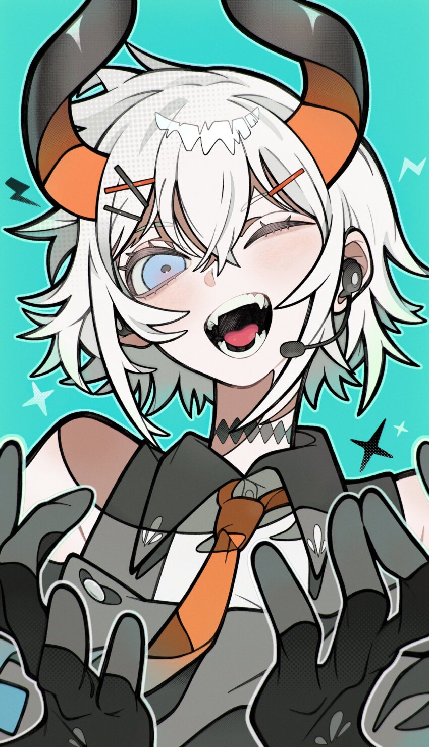 1girl, bare_shoulders, black_gloves, black_jacket, blue_background, blue_eyes, blush, chappii_(paon_gunsou), choker, collared_shirt, earpiece, fangs, gloves, hair_ornament, hairclip, halftone, hands_up, head_tilt, highres, horns, jacket, levi_elipha, levi_elipha_(1st_costume), lightning_bolt_symbol, looking_at_viewer, necktie, nijisanji, off-shoulder_jacket, off_shoulder, one_eye_closed, open_mouth, orange_necktie, shirt, short_hair, sleeveless, sleeveless_shirt, solo, sparkle, upper_body, virtual_youtuber, white_hair