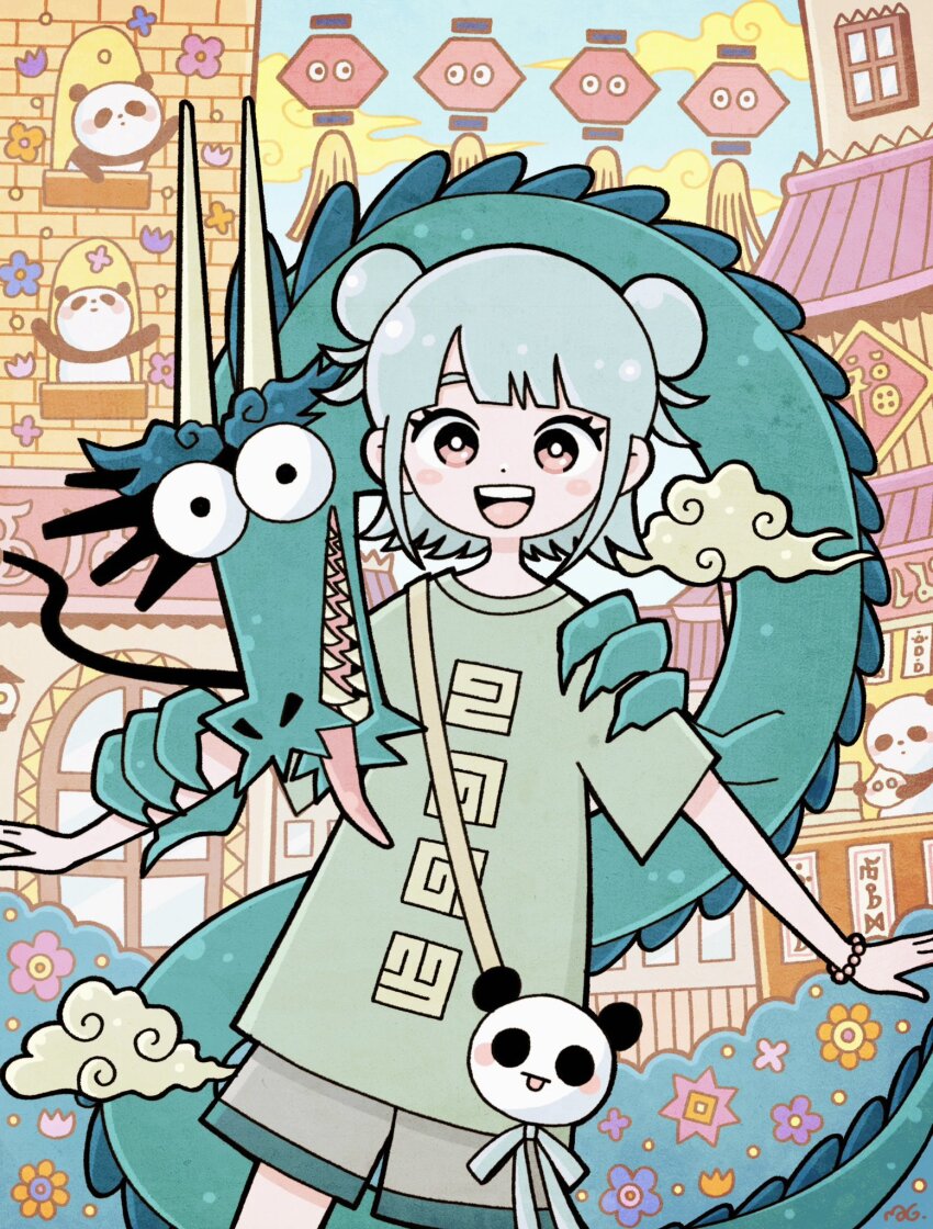 1girl, 1other, aqua_bow, aqua_hair, architecture, bag, blue_sky, bow