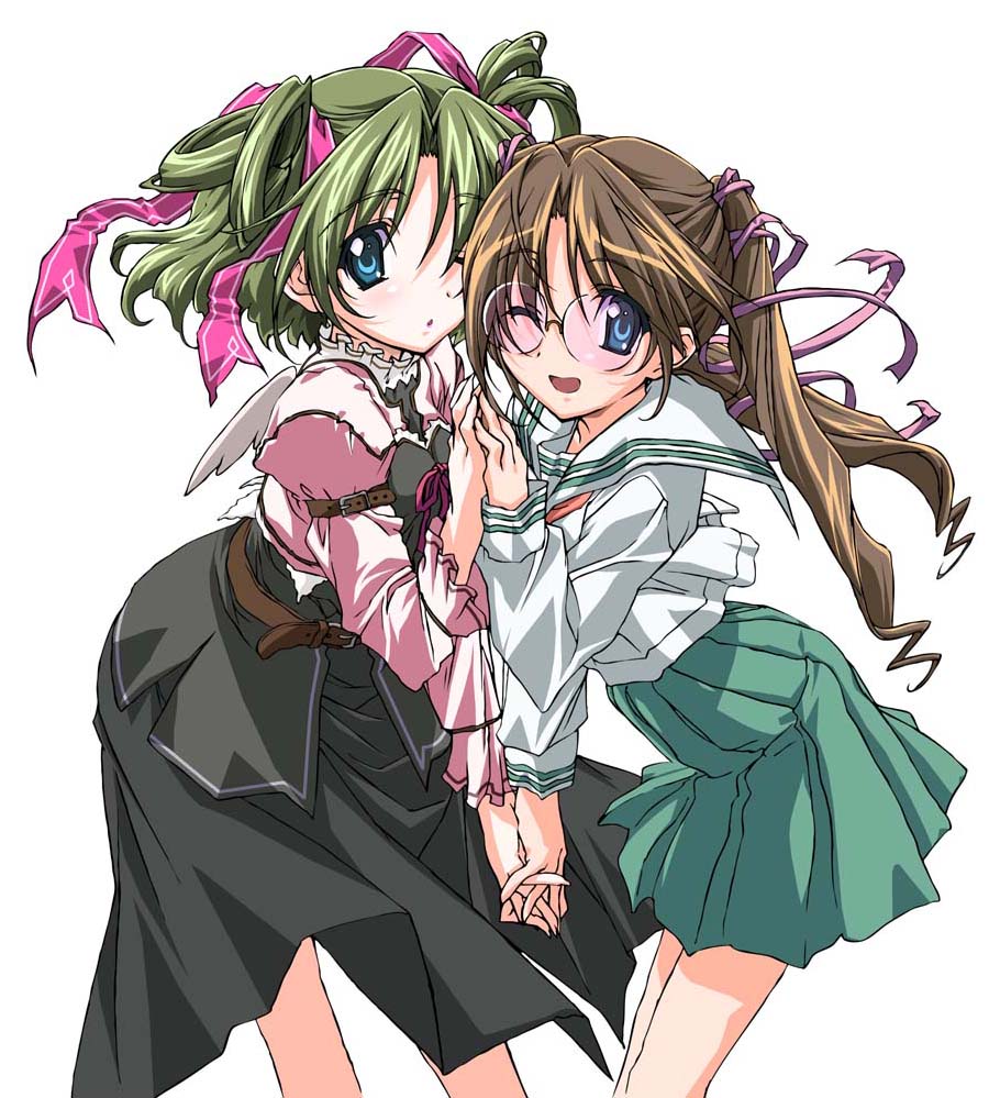 1990s_(style), 2girls, ;d, angel_wings, belt, blue_eyes, blush, brown_hair, glasses, graduation_(series), green_hair, hair_ribbon, holding_hands, interlocked_fingers, jpeg_artifacts, kurashima_tomoyasu, leaning_forward, long_hair, long_sleeves, mini_wings, mother_and_child, mother_and_daughter, multiple_girls, nextgraduation, one_eye_closed, open_mouth, parent_and_child, pink-tinted_eyewear, pink-tinted_glasses, pleated_skirt, retro_artstyle, ribbon, school_uniform, serafuku, shimura_mami, shimura_moko, short_hair, short_twintails, simple_background, skirt, smile, sotsugyou_next_graduation, strap, sunglasses, tinted_eyewear, twintails, white_background, wings, wink