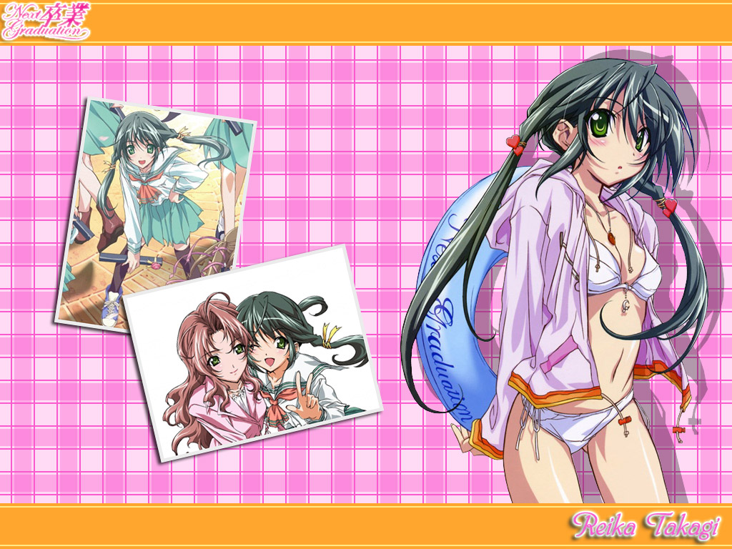 1990s_(style), 2girls, ;d, ahoge, bikini, black_hair, black_thighhighs, blush